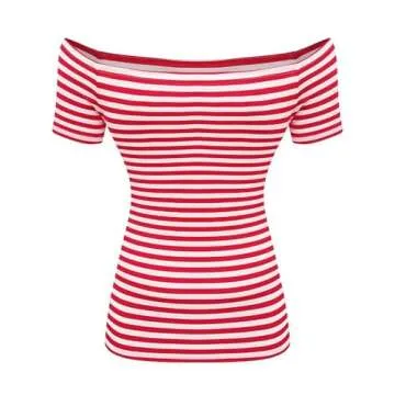 LilyCoco Striped Off The Shoulder Tops for Women Short Sleeve Sexy Fitted Pirate Shirt Red Large