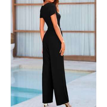 BTFBM Womens Casual 2 Pieces Outfits Dressy Square Neck Short Sleeve Bodysuit Drawstring Pants Knit Lounge Matching Sets(Solid Black, Medium)