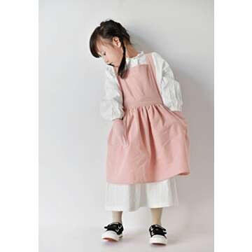 Jevopan Children Bib Apron Kids Apron with Extra Waist Frilly Design for Child with 2 Pockets, for Craft Kitchen Housework Gardening Cooking Baking Arts and Crafs Painting, Age 4-10 (Pink, Kids M)