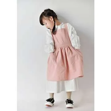 Jevopan Children Bib Apron Kids Apron with Extra Waist Frilly Design for Child with 2 Pockets, for Craft Kitchen Housework Gardening Cooking Baking Arts and Crafs Painting, Age 4-10 (Pink, Kids M)