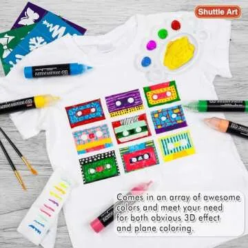 66 Colors Fabric Paint, Shuttle Art 3D Fabric Paint with Stencil and Brushes, Permanent Textile Paint Includes Neon, Metallic, Glitter and Glow in the Dark Paint, Ideal for Clothing and DIY Decoration