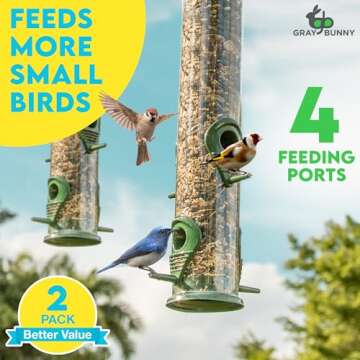 Metal Hanging Bird Feeder Tube, 4-Port, 2-Pack Hanging Bird Feeders for Outdoors, Heavy Duty Chew-Pr...