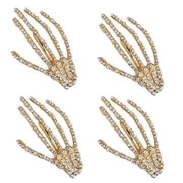 4Pcs Crystal Skeleton Hands Hair Clips Halloween Party Hair Decor Women Girls Hair Accessories, Gold