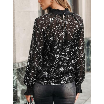 CUPSHE Women Blouses Star Print Semi-Sheer Ruffled Long Sleeve Mock Neck Shirt Dressy Party Black XS