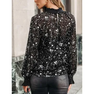 CUPSHE Women Blouses Star Print Semi-Sheer Ruffled Long Sleeve Mock Neck Shirt Dressy Party Black XS