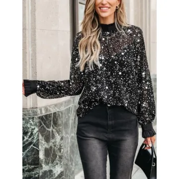 CUPSHE Women Blouses Star Print Semi-Sheer Ruffled Long Sleeve Mock Neck Shirt Dressy Party Black XS