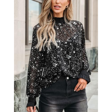 CUPSHE Women Blouses Star Print Semi-Sheer Ruffled Long Sleeve Mock Neck Shirt Dressy Party Black XS