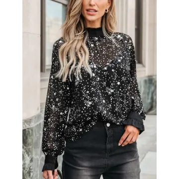 CUPSHE Women Blouses Star Print Semi-Sheer Ruffled Long Sleeve Mock Neck Shirt Dressy Party Black XS