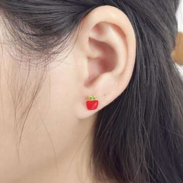18g Titanium Apple Fruit Earrings for Women Girls Surgical Stainless Steel Cute Tiny Studs Cartilage...