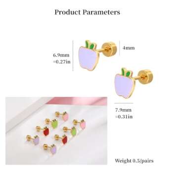 18g Titanium Apple Fruit Earrings for Women Girls Surgical Stainless Steel Cute Tiny Studs Cartilage Tragus Screw Back Post Conch Sensitive Ear Jewelry Christmas Holiday (Red)