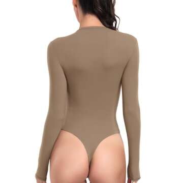 HeyNuts Women's Ultra Soft Long Sleeve Crew Neck Bodysuit, High Cut Double Lined Sexy Tummy Control Tank Tops Bodysuit Leotard Clothing Carbon Dust M(8/10)