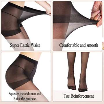 WAKUNA 3 Pairs Sheer Tights For Women 20D Pantyhose Control Top Invisible Reinforced Toes Black-XLarge