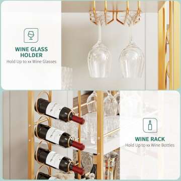 YITAHOME Gold Bar Cart, Home Mobile Serving Cart on Wheels, 3-Tier Kitchen Cart with Wine Rack Glasses Holder, Rolling Kitchen Island Cart for Dining Room