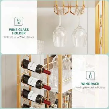 YITAHOME Gold Bar Cart, Home Mobile Serving Cart on Wheels, 3-Tier Kitchen Cart with Wine Rack Glasses Holder, Rolling Kitchen Island Cart for Dining Room