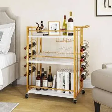 YITAHOME Gold Bar Cart, Home Mobile Serving Cart on Wheels, 3-Tier Kitchen Cart with Wine Rack Glasses Holder, Rolling Kitchen Island Cart for Dining Room