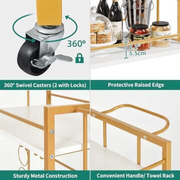 YITAHOME Gold Bar Cart, Home Mobile Serving Cart on Wheels, 3-Tier Kitchen Cart with Wine Rack Glasses Holder, Rolling Kitchen Island Cart for Dining Room