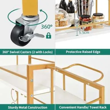 YITAHOME Gold Bar Cart, Home Mobile Serving Cart on Wheels, 3-Tier Kitchen Cart with Wine Rack Glasses Holder, Rolling Kitchen Island Cart for Dining Room