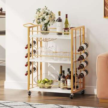 YITAHOME Gold Bar Cart, Home Mobile Serving Cart on Wheels, 3-Tier Kitchen Cart with Wine Rack Glasses Holder, Rolling Kitchen Island Cart for Dining Room