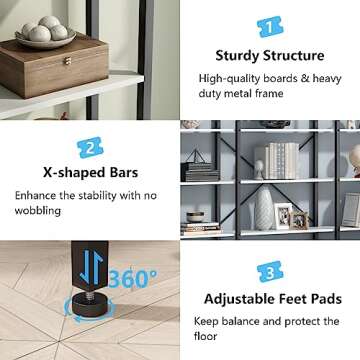 Auromie Triple Wide 5-Tier Bookshelf, 70.87" L x 79.13" H Extra Large Bookcase, Tall Open Etagere Display Shelf with Metal Frame, Freestanding Modern Storage Shelves for Home Office, Black&White