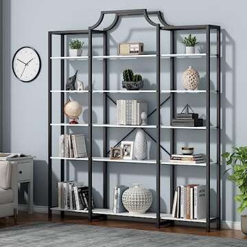 Auromie Triple Wide 5-Tier Bookshelf, 70.87" L x 79.13" H Extra Large Bookcase, Tall Open Etagere Display Shelf with Metal Frame, Freestanding Modern Storage Shelves for Home Office, Black&White