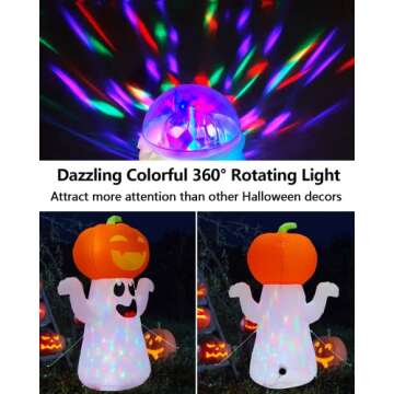 Zukakii 5Ft Halloween Decorations Inflatable Pumpkin Ghost Built-in 360° Rotating Magic Colorful Le...