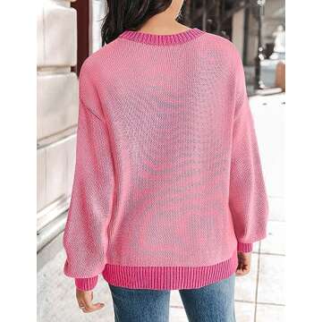 ZESICA Women's Casual Long Sleeve Crew Neck Pullover 2025 Spring Ribbed Knit Loose Contrast Color Sweater Tops,HotPink,Medium