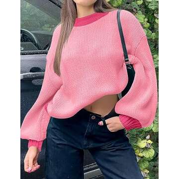ZESICA Women's Casual Long Sleeve Crew Neck Pullover 2025 Spring Ribbed Knit Loose Contrast Color Sweater Tops,HotPink,Medium