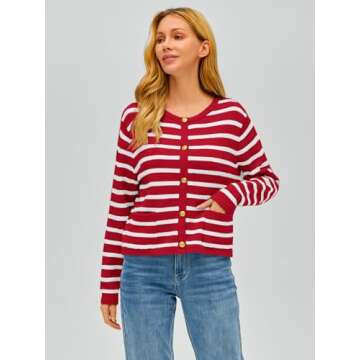 EFAN Womens Cropped Cardigan Sweaters 2024 Fall Trendy Lightweight Knit Tweed Blazer Jackets Dressy Casual Fashion Cashmere Outfits Cute Clothes Red White L