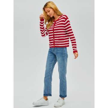 EFAN Womens Cropped Cardigan Sweaters 2024 Fall Trendy Lightweight Knit Tweed Blazer Jackets Dressy Casual Fashion Cashmere Outfits Cute Clothes Red White L