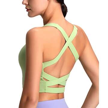 Strappy Sports Bras for Women Longline Criss-Cross Back V Neck Yoga Bra Medium Support Workout Crop Top Tank Tops for Girls with Removable Cups(Small, WL-Opaline Green)