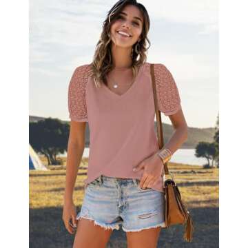 Lace Short Sleeve Shirts for Women, Loose Casual Summer Shirts, Boho Tops for Women, V Neck Waffle T...