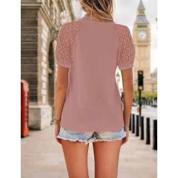 Lace Short Sleeve Shirts for Women, Loose Casual Summer Shirts, Boho Tops for Women, V Neck Waffle Tee Blouse (Medium, Red A)