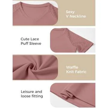 Lace Short Sleeve Shirts for Women, Loose Casual Summer Shirts, Boho Tops for Women, V Neck Waffle Tee Blouse (Medium, Red A)