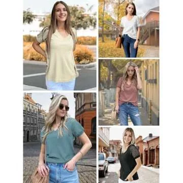 Lace Short Sleeve Shirts for Women, Loose Casual Summer Shirts, Boho Tops for Women, V Neck Waffle Tee Blouse (Medium, Red A)