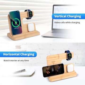 iPhone Charging Stand, Xunhomon 3 in 1 Wireless Charger Station for Apple/Samsung Devices, Bamboo Ph...