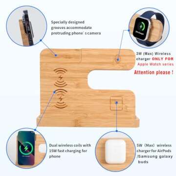 iPhone Charging Stand, Xunhomon 3 in 1 Wireless Charger Station for Apple/Samsung Devices, Bamboo Phone Docking Station Fast Charging for iPhone 15/14/13/12/11, iWatch, AirPods, for Men