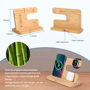 iPhone Charging Stand, Xunhomon 3 in 1 Wireless Charger Station for Apple/Samsung Devices, Bamboo Phone Docking Station Fast Charging for iPhone 15/14/13/12/11, iWatch, AirPods, for Men