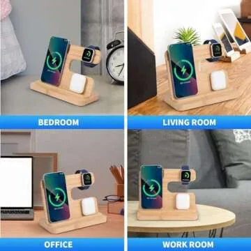 iPhone Charging Stand, Xunhomon 3 in 1 Wireless Charger Station for Apple/Samsung Devices, Bamboo Phone Docking Station Fast Charging for iPhone 15/14/13/12/11, iWatch, AirPods, for Men