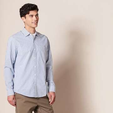 Amazon Essentials Men's Slim-Fit Long-Sleeve Poplin Shirt in Blue White Vertical Stripe