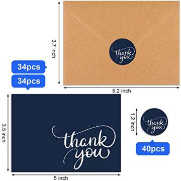 Joyberg 34 PCS Thank You Cards With Envelopes, Blank Navy Baby Shower Thank You Cards, Brown Paper E...