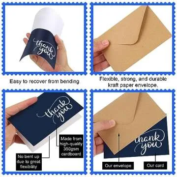 Joyberg 34 PCS Thank You Cards With Envelopes, Blank Navy Baby Shower Thank You Cards, Brown Paper Envelopes and Stickers Thank You Notes, Wedding Thank You Cards With Envelopes