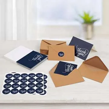 Joyberg 34 PCS Thank You Cards With Envelopes, Blank Navy Baby Shower Thank You Cards, Brown Paper Envelopes and Stickers Thank You Notes, Wedding Thank You Cards With Envelopes