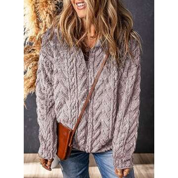 Dokotoo Ladies Winter Jackets Zip Up Fuzzy Long Sleeves 2024 Side Pockets Loose Fit Short Coats Bagg...