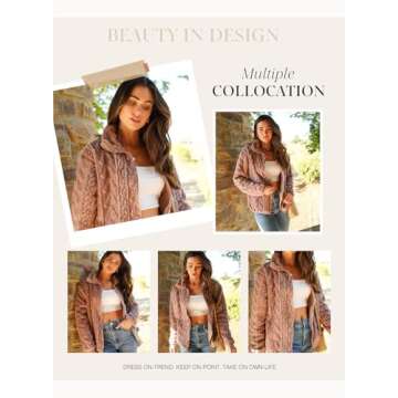 Dokotoo Ladies Winter Jackets Zip Up Fuzzy Long Sleeves 2024 Side Pockets Loose Fit Short Coats Baggy Warm Fall Clothes,Purple Large