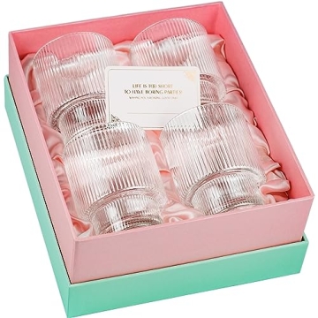 Vintage Art Deco Ribbed Lowball Cocktail Glasses Set of 4