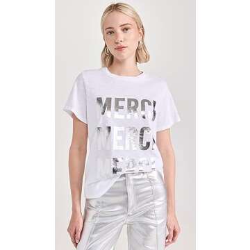 Cinq a Sept Foiled Merci Merci Merci Tee, White/Silver, X-Small