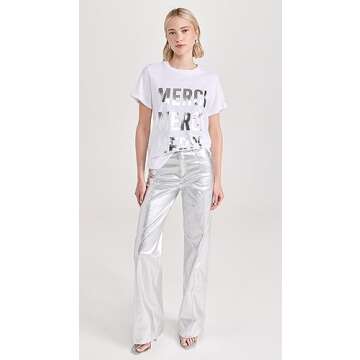 Cinq a Sept Foiled Merci Merci Merci Tee, White/Silver, X-Small