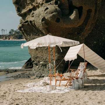 Business & Pleasure Co. Amalfi Umbrella - 7.2' Boho Beach Umbrella - Large & Sturdy Yet Lightweight - UPF 50+ UV-Resistant Canvas, Sand Two Stripe