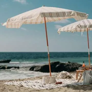 Business & Pleasure Co. Amalfi Umbrella - 7.2' Boho Beach Umbrella - Large & Sturdy Yet Lightweight - UPF 50+ UV-Resistant Canvas, Sand Two Stripe