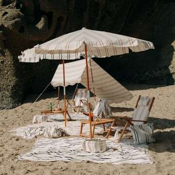 Business & Pleasure Co. Amalfi Umbrella - 7.2' Boho Beach Umbrella - Large & Sturdy Yet Lightweight - UPF 50+ UV-Resistant Canvas, Sand Two Stripe